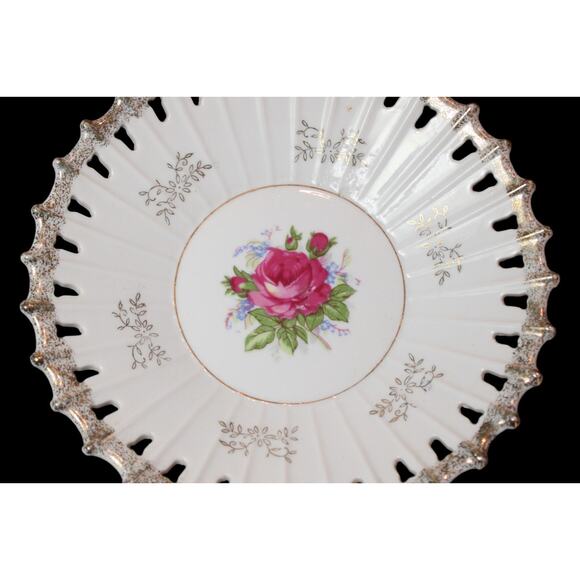 Antique 8" Hand Painted Floral Porcelain Fruit Bowl Scalloped Open Work Rim - Picture 2 of 3